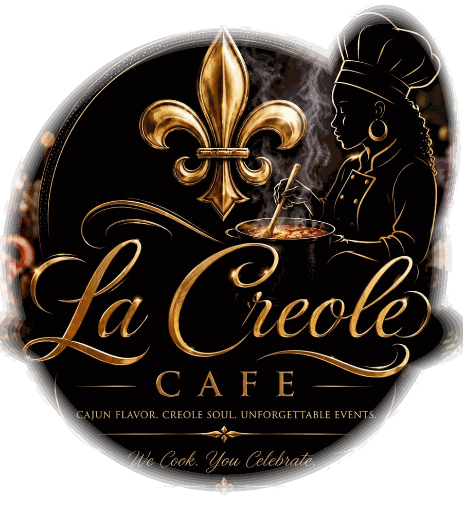 La Creole Cafe logo — a gold fleur-de-lis beside a chef stirring a steaming pot, with the words Cajun Flavor, Creole Soul, Unforgettable Events. We Cook. You Celebrate.